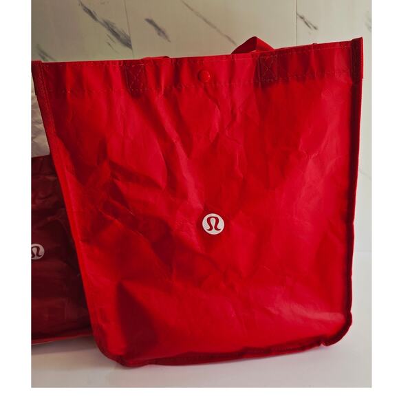 LULULEMON Lot Of 4 Reusable Tote Shopping Bags Red White Maroon Small Large - Picture 2 of 7